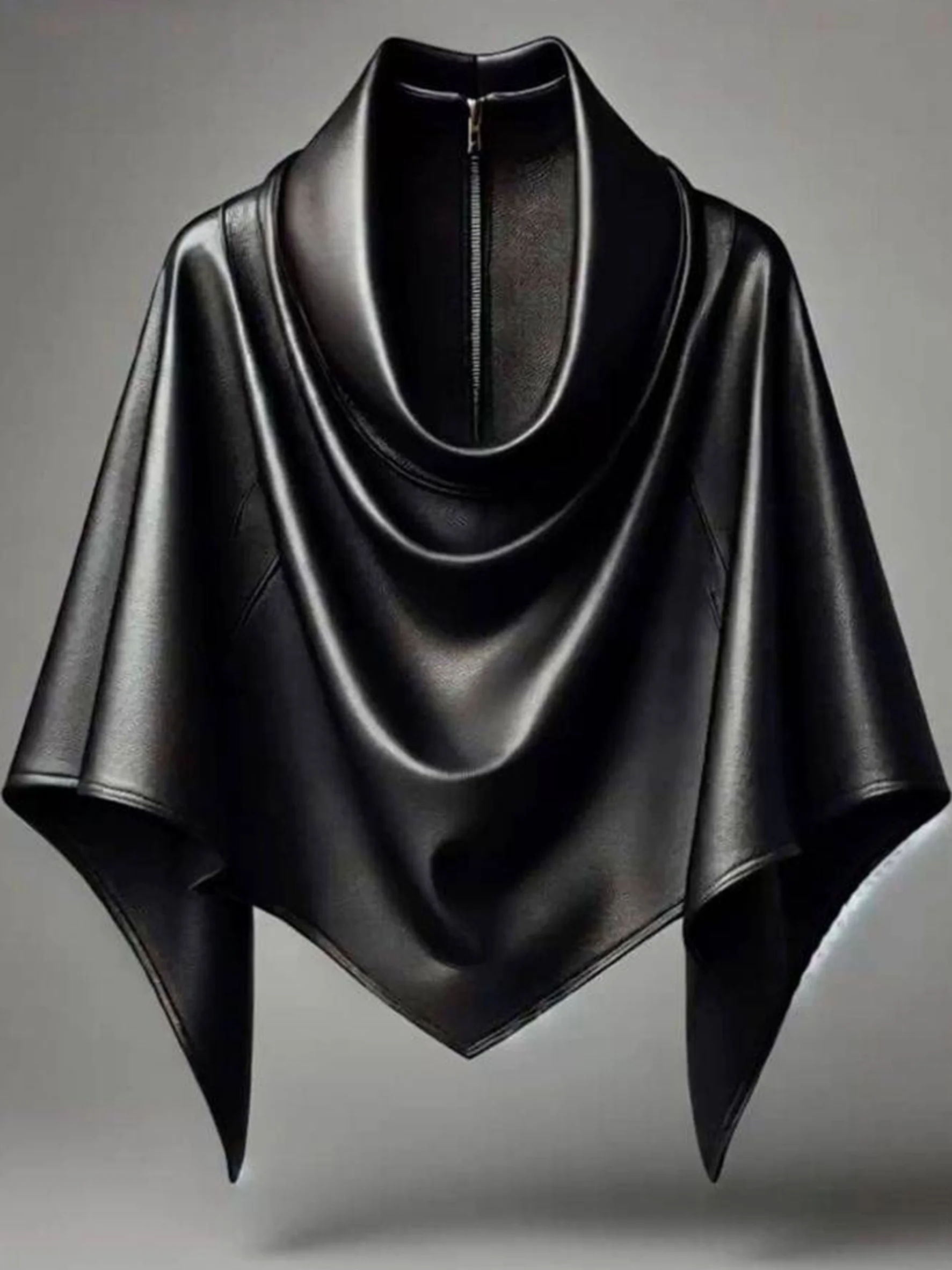 Women Irregular Hem Cape Cloak Zip-up Faux PU Leather Top Black Vintage Casual Capes&Ponchos Autumn Spring Tops Cloak 2026