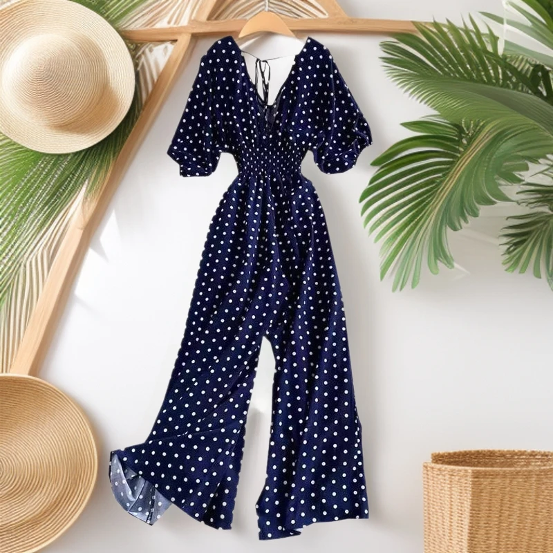Women Jumpsuits Wave Dot Print Trousers One Piece Wide Leg Pants V Neck High Waist Floor Length Lace Up Office Lady 2026 Summer