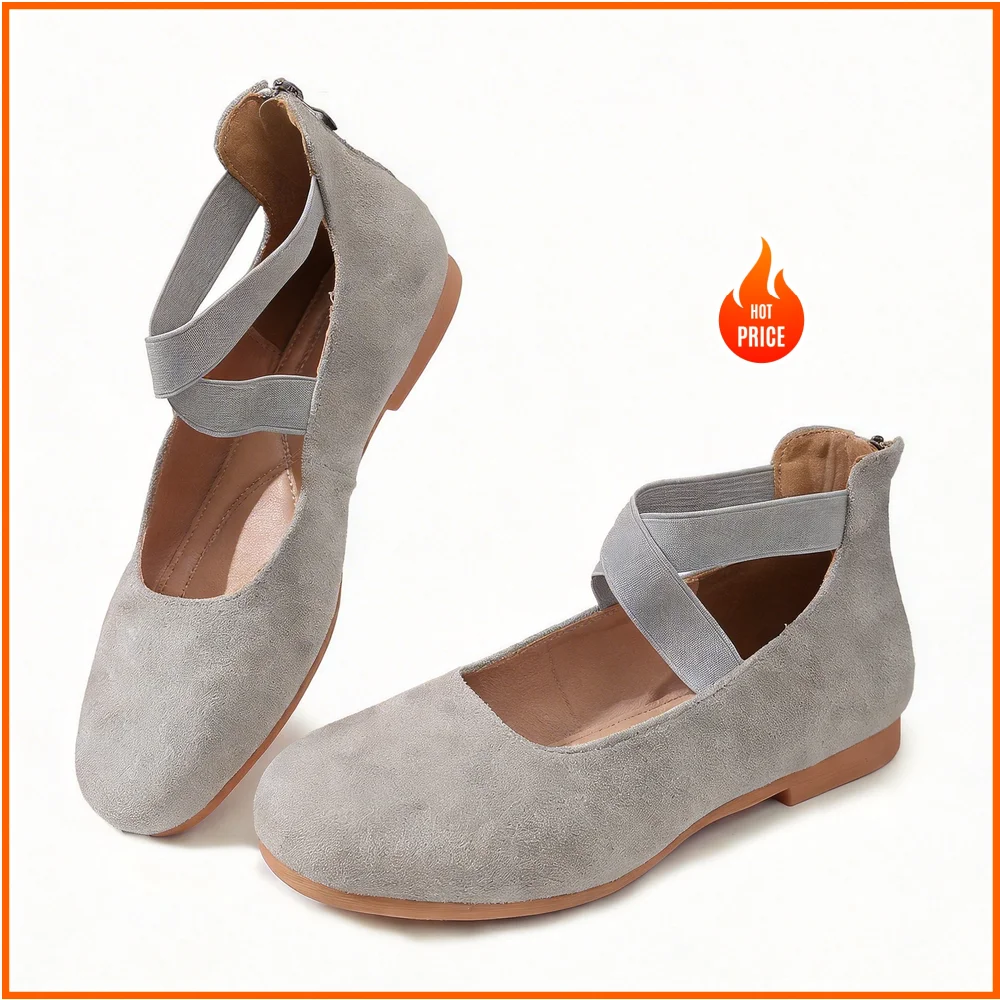 Women Mary Jane Flats Round Toe Ballet Shoes Elastic Cross Strap Comfortable Casual Flat Shoes Soft Suede Ladies Office Walking