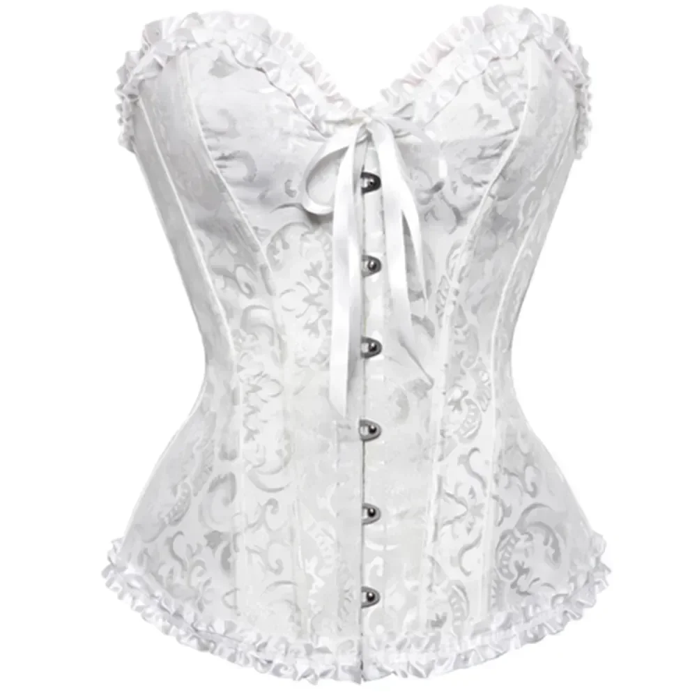 Women Overbust Corset Korset Basques Floral Lace Top Bustier Jacquard Lingerie Corselet