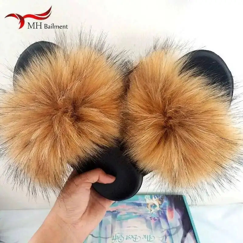 Women Summer Luxury Fluffy Faux Fur Slippers Flat Non-Slip Indoor Furry Slides Platform Sandals Plush Flip Flops Ladies Shoes