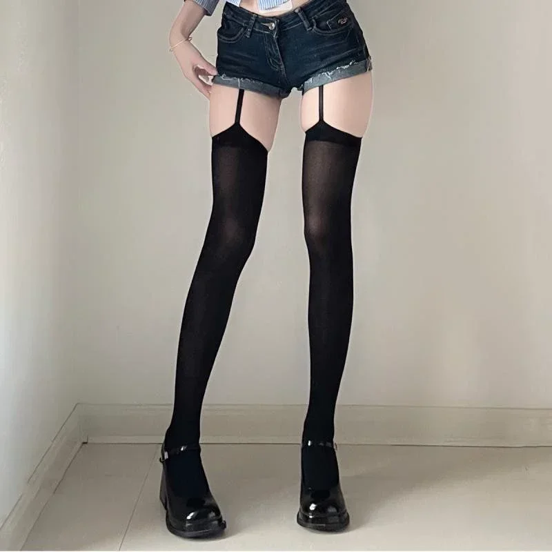 Women Suspender Wide-banded Velvet Tights Lolita Thin Thigh High Stockings with Garters Y2K JK College Style Over The Knee Socks