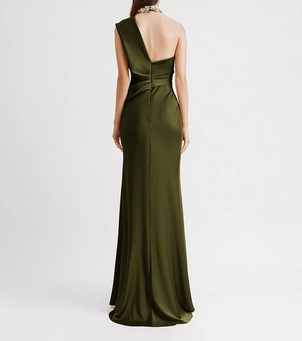 Women's Dress Solid Color Slanted Collar Raglan Sleeves Pleated Waist Long Skirt Temperament Commuting Retro Elegance Long Dress