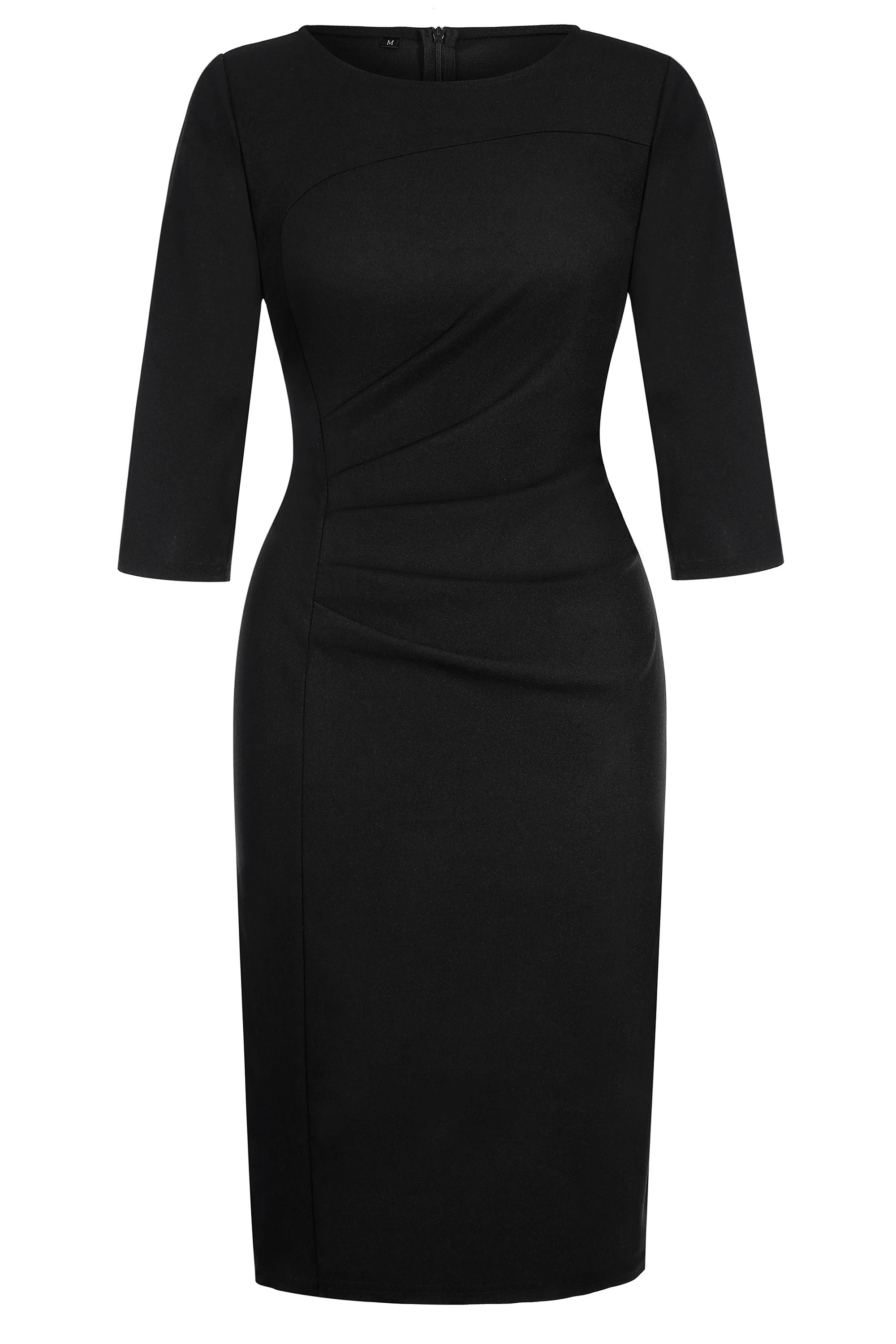 Womens Elegant Crew Neck 2/3 Sleeve Work Office Knee Length Black Business Casual Party Ruched Pencil Bodycon Sheath Dress