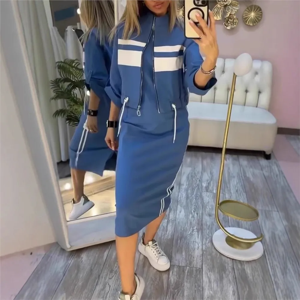 Women's Fashion Color-blocked White Striped Hip-covering Sweatshirt Dress 2piece Set Female Casual Zipper Jacket Coat Dress Suit