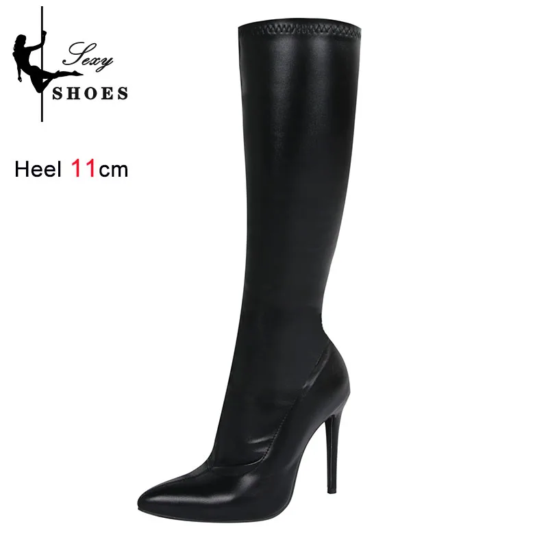 Women's Knee High Boots Black Sexy High Heels Shoes Side Zip Pointed Toe Boots Autumn Elasticity Mid Booties