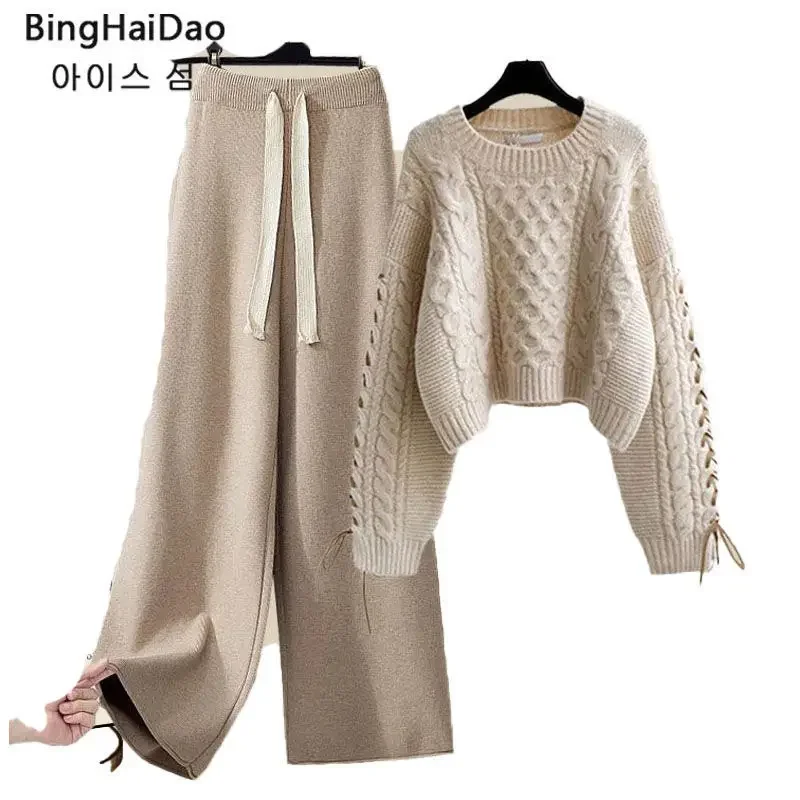 Women's Knit Pullover Sweater 2-piece Set Loose Fit Slimming Bell Bottoms Autumn/winter 2024 New Style Clothing