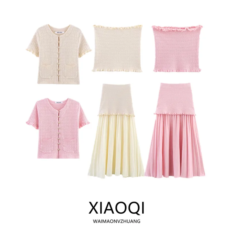 Women's Knitted ort Sve round Ne Layered Decorative Jaet And Skirt Faion Set 2025 Summer New Arrival Commute ...