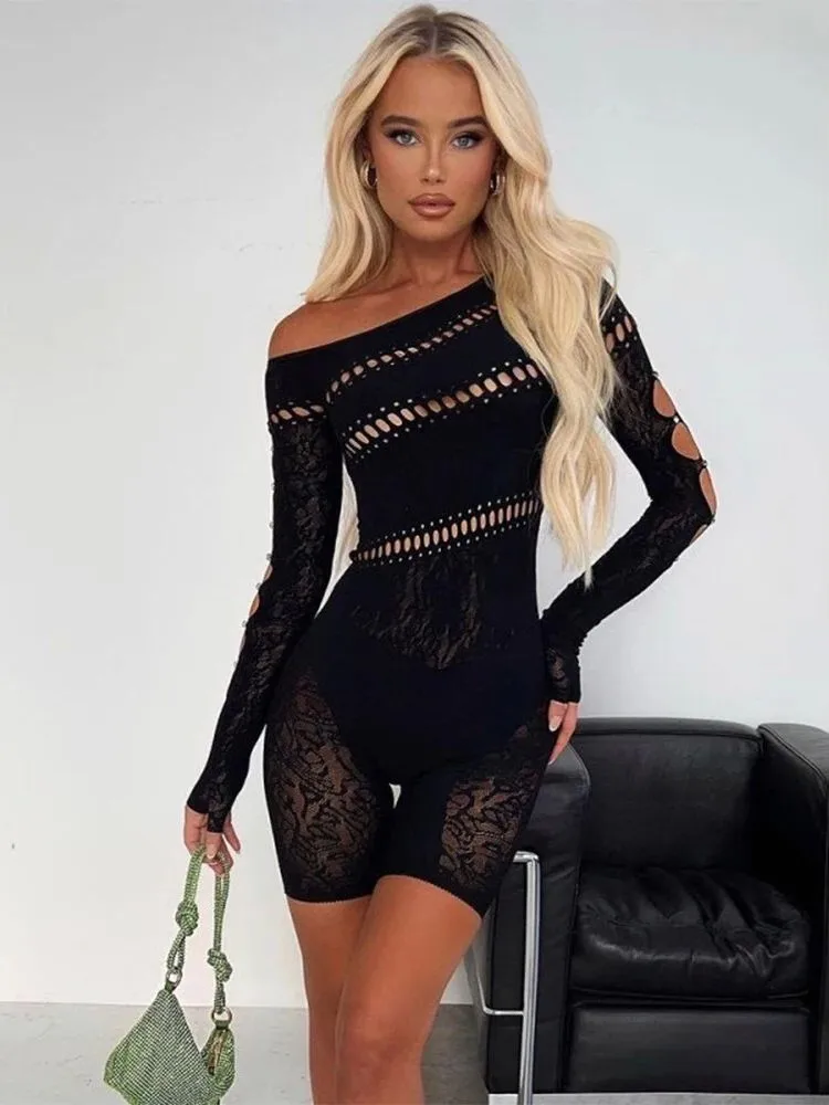 Women's Lace Patchwork Jumpsuit Slanted Shoulder Hollow out mid Waist Short Pants Polyester Fiber Regular Thickness