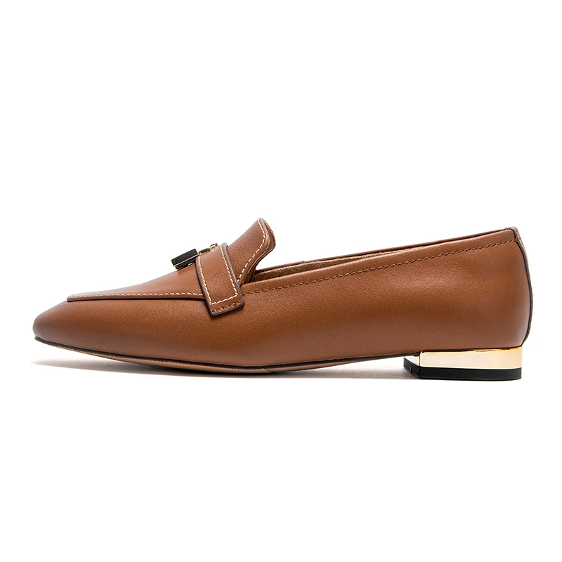 Women's Leather Loafers with Gold Lock Detail Square Toe Low Heel Penny Casual Office Slip-On Dress Shoes for Woman