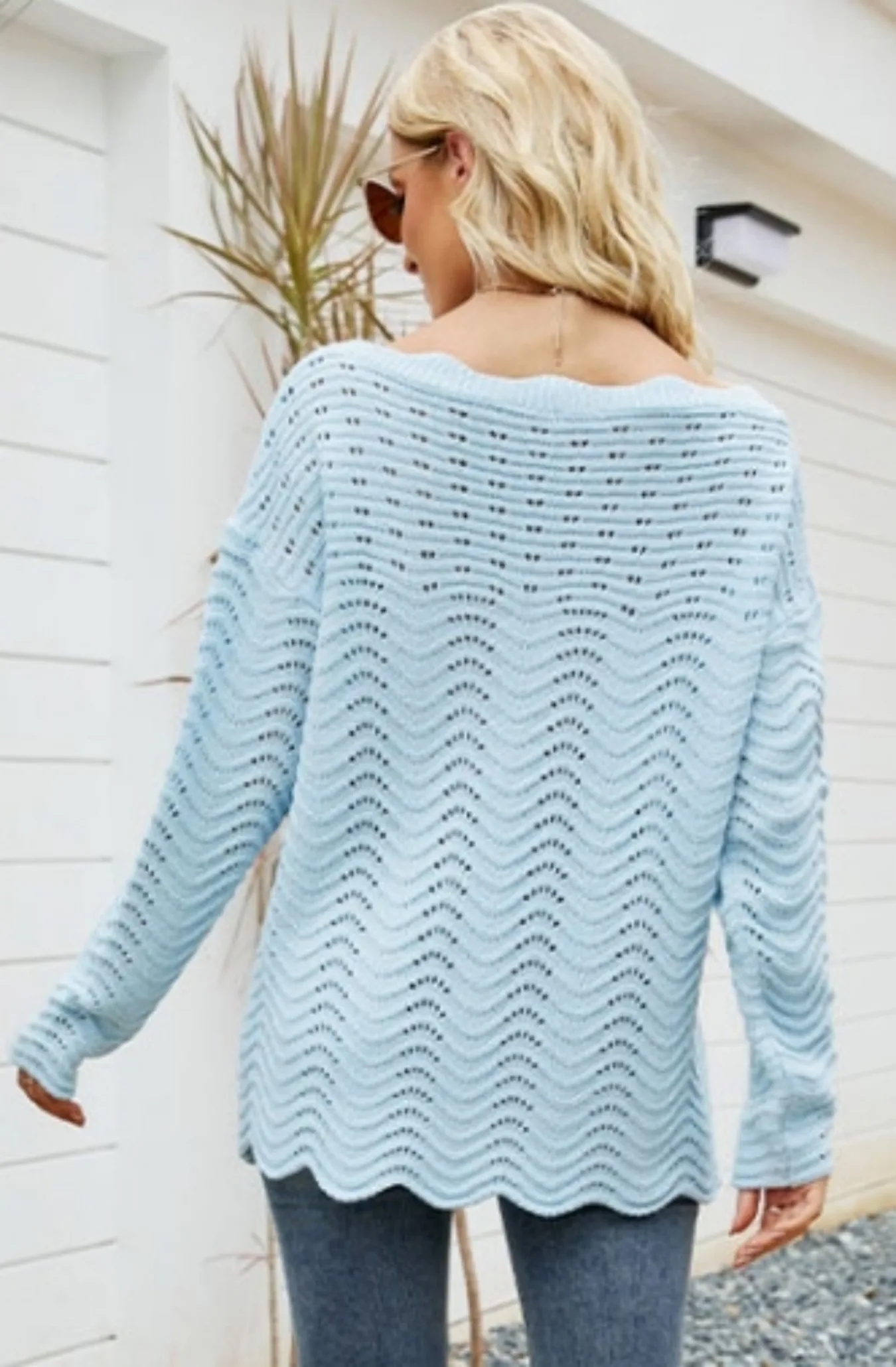 Women's Light Blue Oversized Crew Neck Pullover Knit Sweater Wave Pointelle Casual Fashion Comfortable Fit Sweater