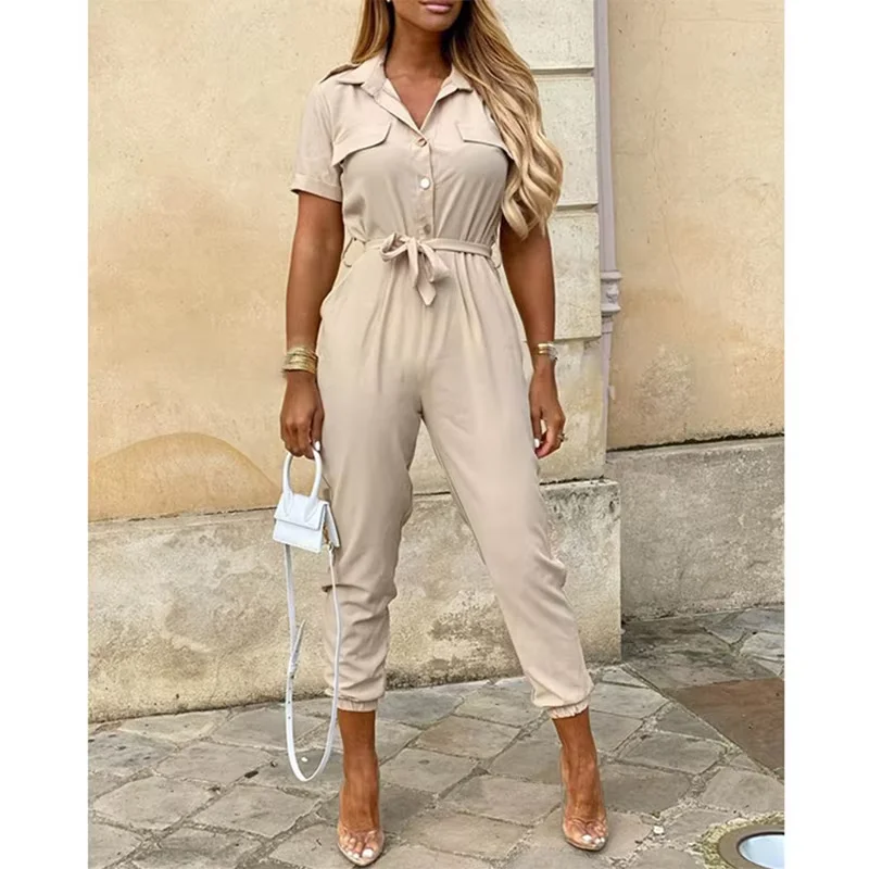Women's Monochromatic Belt Workwear Jumpsuit Casual Flip Collar Buckle Detail European American Style Summer 2024