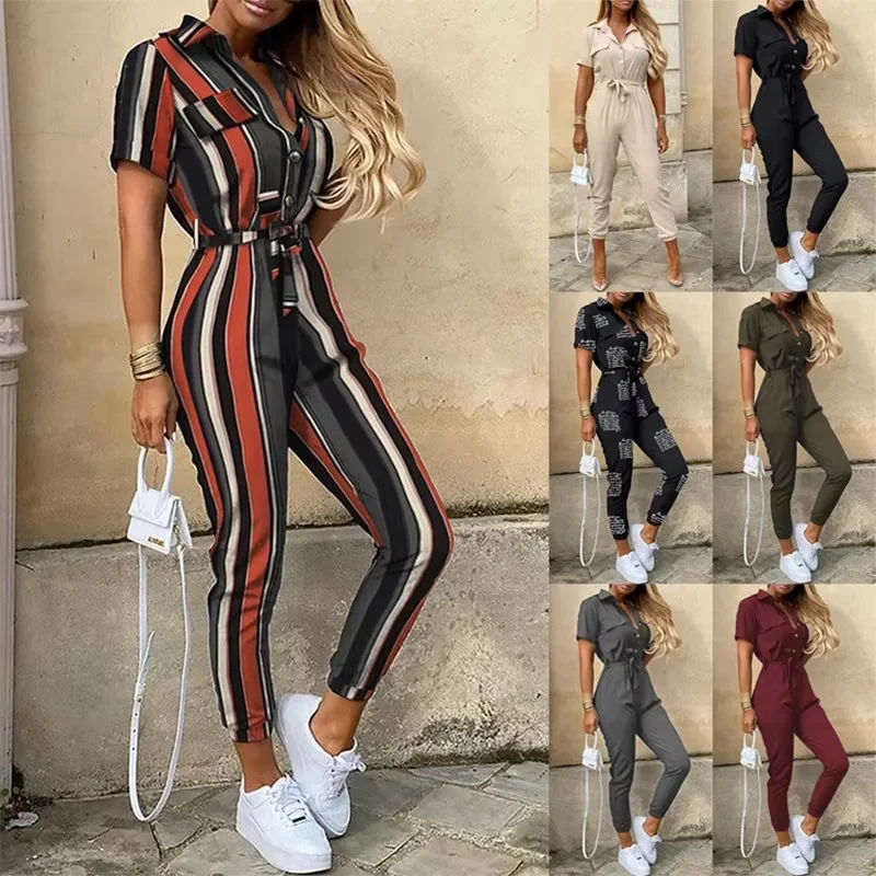 Women's Monochromatic Belt Workwear Jumpsuit Casual Flip Collar Buckle Detail European American Style Summer 2024