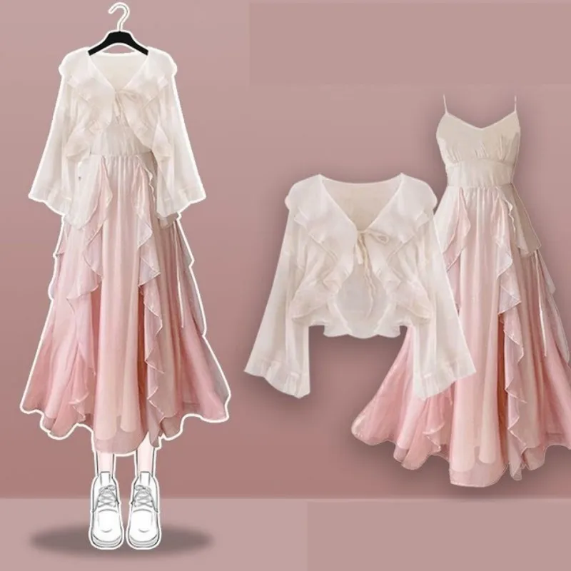 Women's Summer New Elegant Chiffon Sunscreen Shirt+Strap Skirt Two piece Suit 2026 Lady Korean Fashion Sexy Dress Matching Set