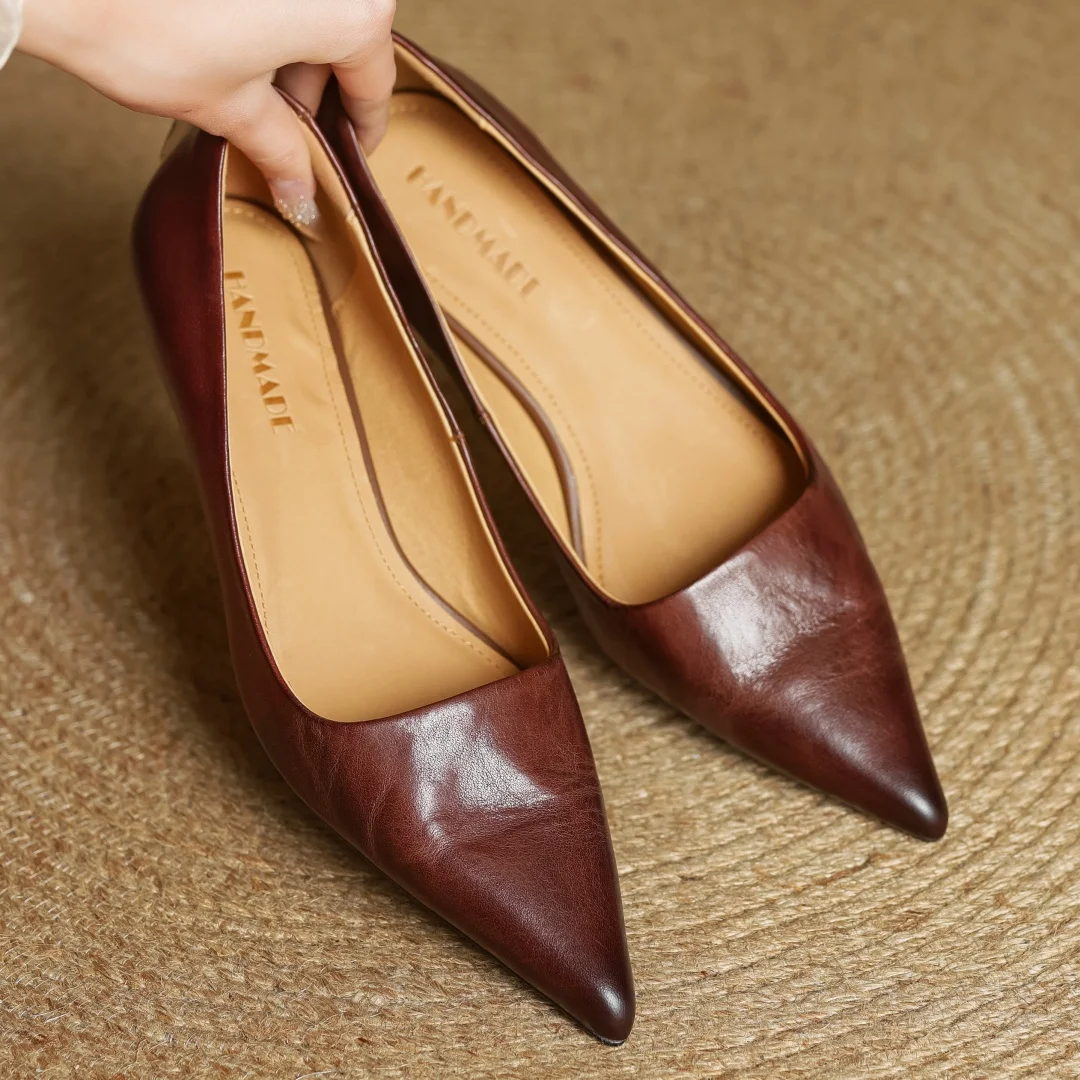 Women's cow leather pointed toe slip-on pumps high quality soft comfortable elegant ladies 4.5cm thin high heel slim dress shoes
