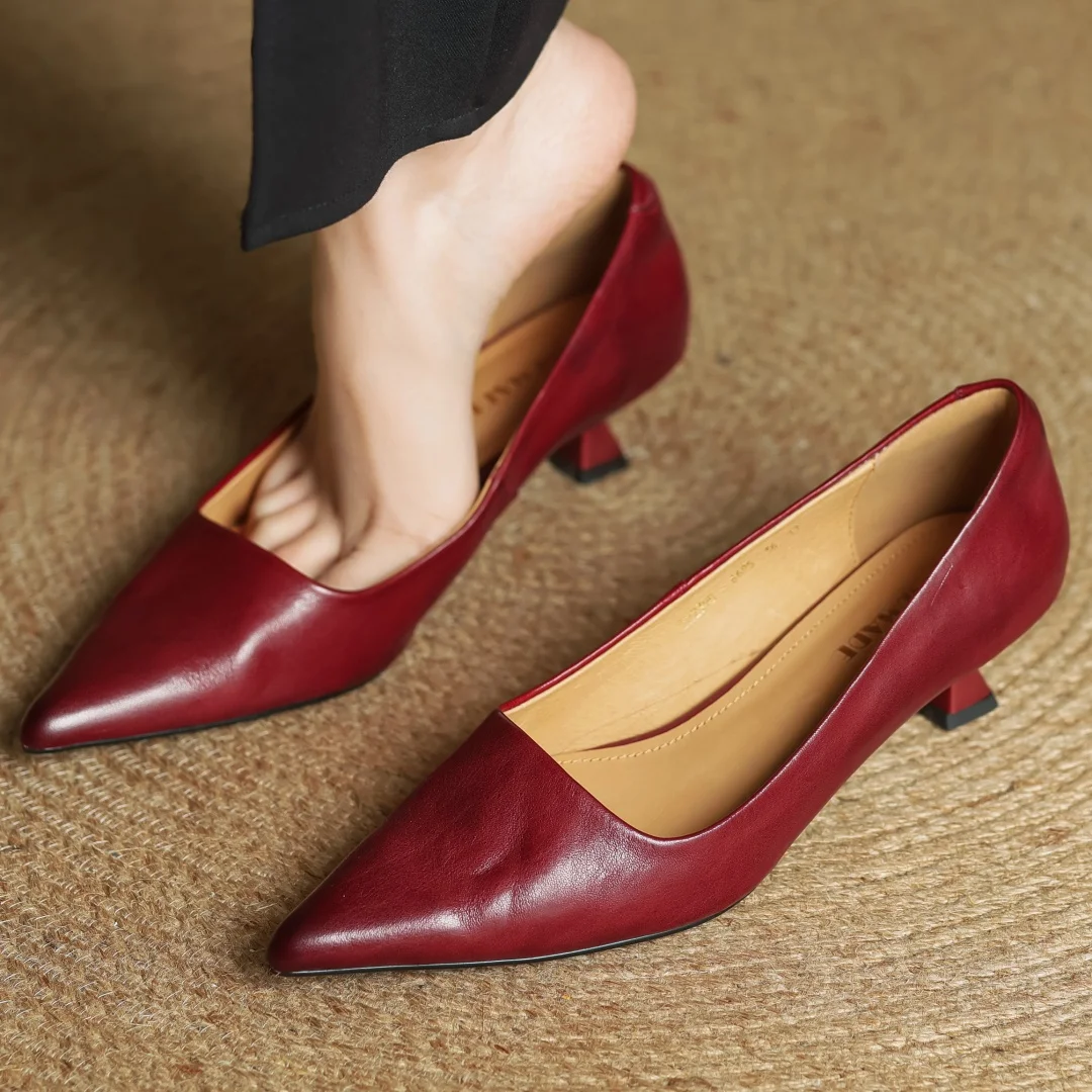 Women's cow leather pointed toe slip-on pumps high quality soft comfortable elegant ladies 4.5cm thin high heel slim dress shoes