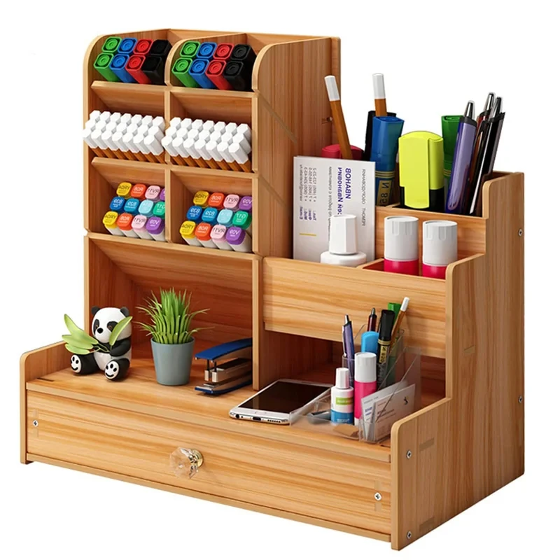 Wooden Desk Organiser DIY Desktop Tidy Pen Holder Large Capacity Stationery Storage Box with Drawer for Home Office and School