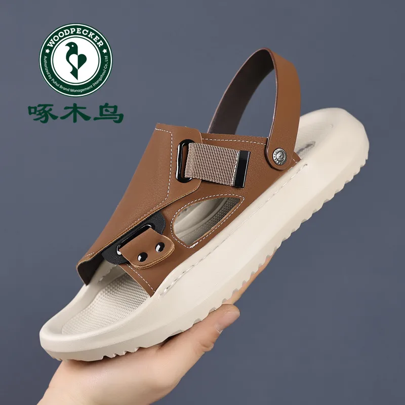 Woodpecker 2025 Summer New Genuine Leather Sandals Men Soft Bottom Casual Beach Shoes Men Outdoor Two-Way Slip-On Sandals