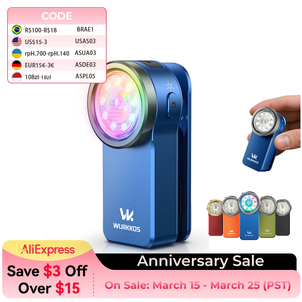 Wurkkos HD03 680LM Mini Clip Light USB Rechargeable Pocket Flashlight Spotlight/Floodlight Portable RGB Torch with Magnet