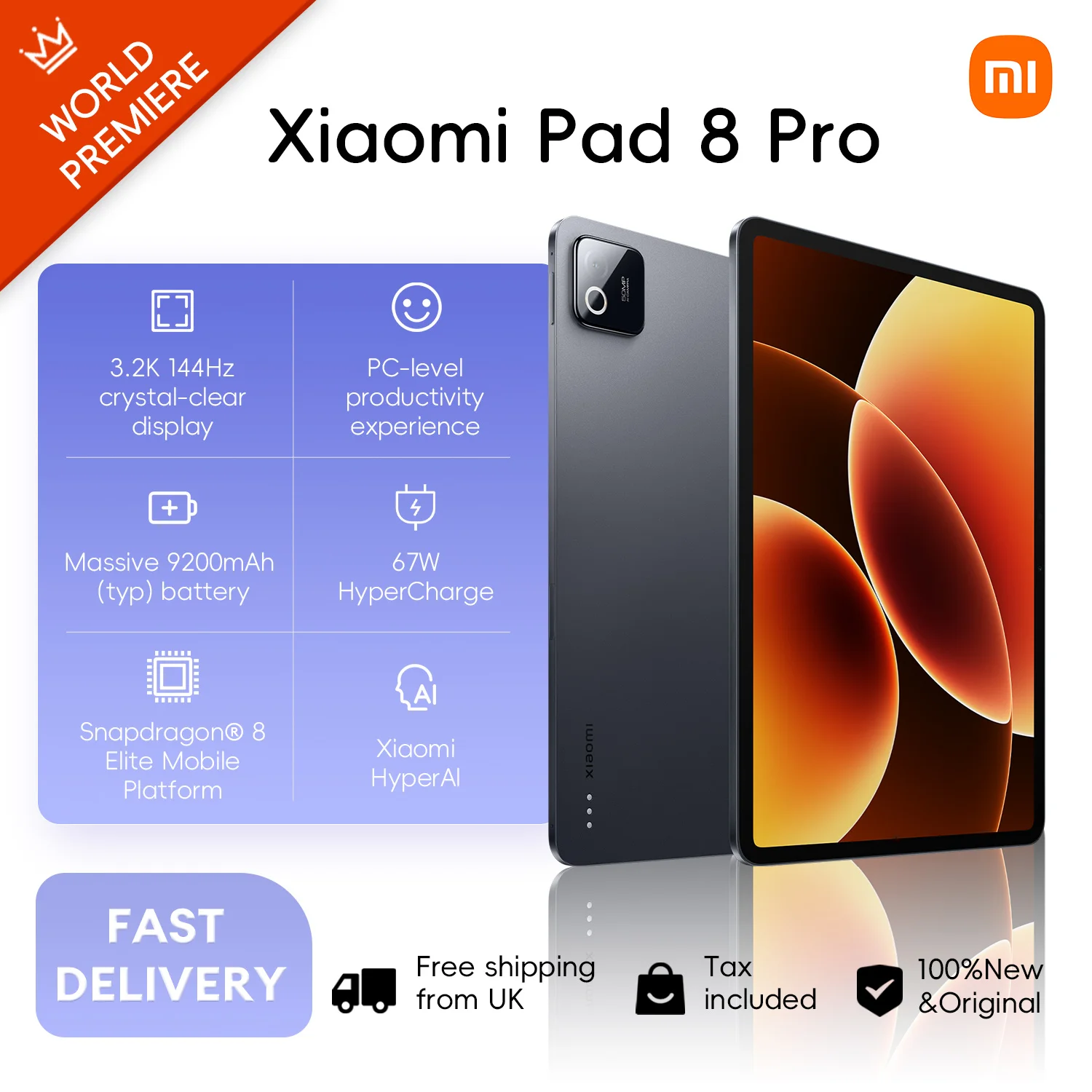 Xiaomi Pad 8 Pro 12+512GB WIFI 7 Global Version Snapdragon® 8 Elite Mobile Platform 11.2" 3.2K 144Hz Display 9200mAh 67W 50MP