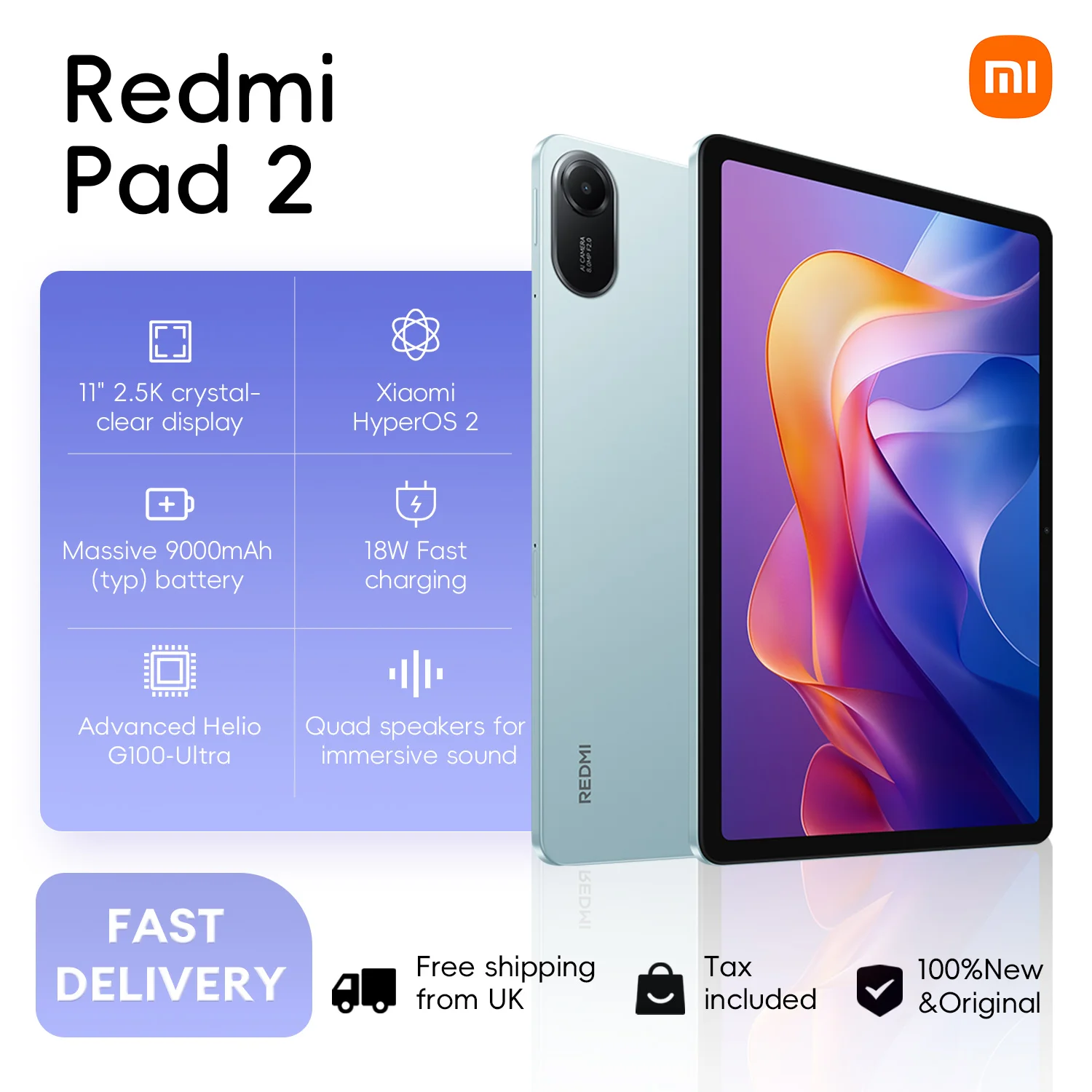 Xiaomi Redmi Pad 2 4+128GB WIFI Global Version MediaTek Helio G100-Ultra 11" 2.5K 90Hz Eye Care Display 9000mAh 18W Charging
