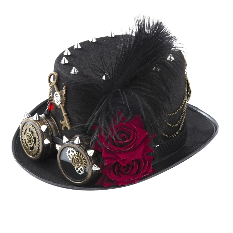 Y166 Vintage Steampunk Hat Top Hat with Goggles Dark Rose Halloween Hat for Men Women