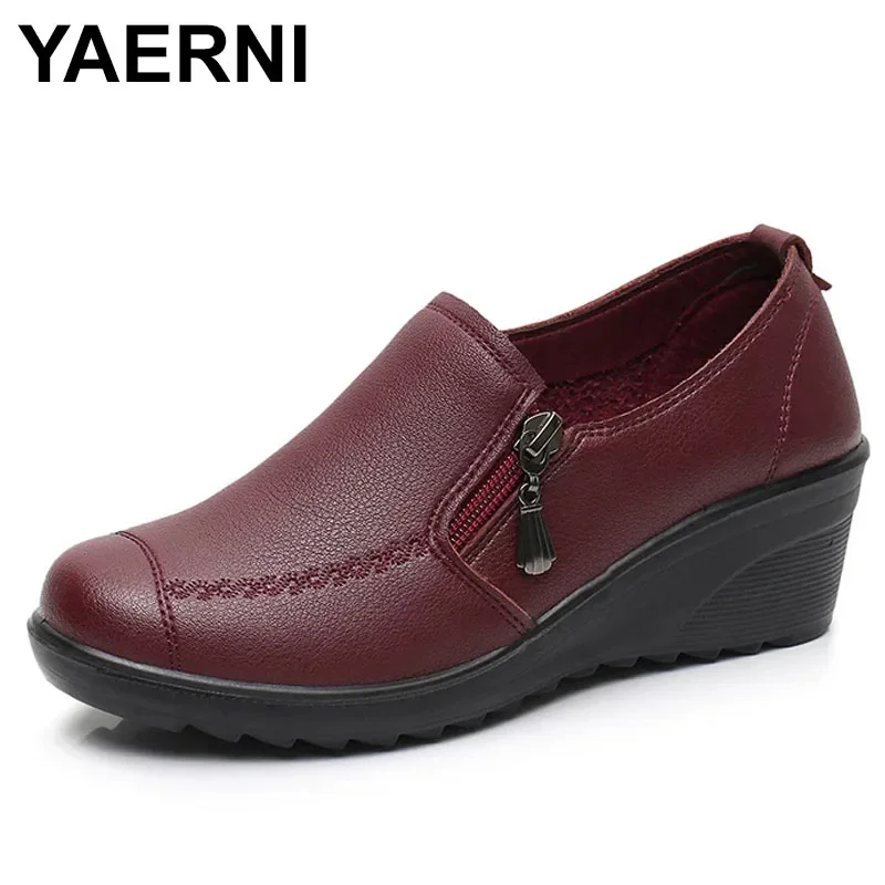 YAERNI Spring Autumn Women's Genuine Leather Sneakers Platform Shoes Lady Wedge Single Casual Shoes Mother High Heels Slip On