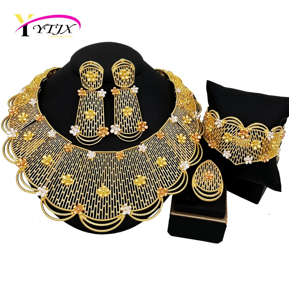 YTJX 4 Pcs African Nigeria Big Jewelry Set For Bridal Wedding Gifts 18K Gold Plated Large Necklace Wide Bracelet Drop Earring