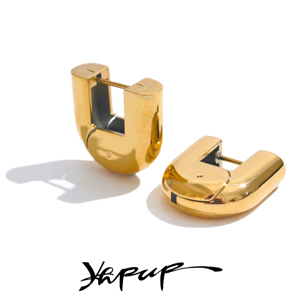 Yhpup 316L Stainless Steel Glossy Metal U-Shape Hollow Hoop Earrings 18K PVD Plated Texture Attractive Jewelry Waterproof