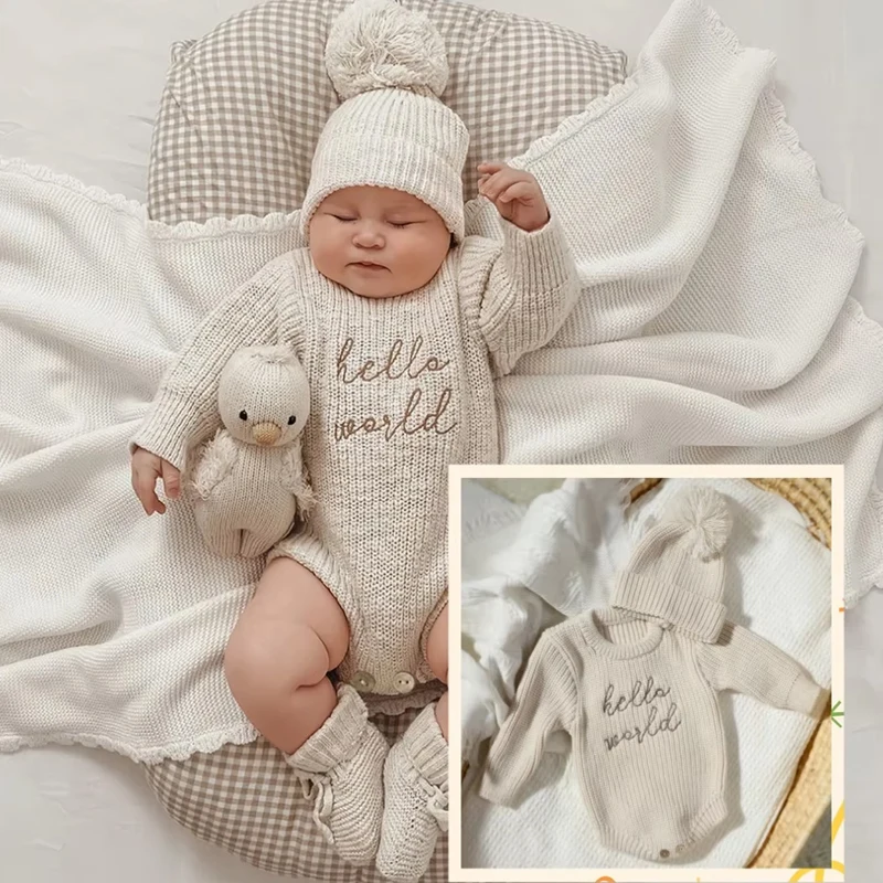 Ylsteed Hello World Knitting Newborn Photography Romper with Matching Pomp Hat Baby Boy Girl Sweater Outfits Photo Shooting-HD