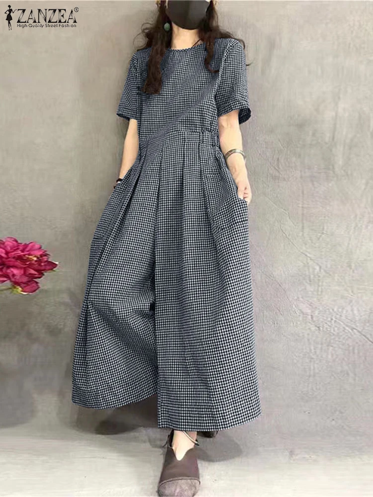 ZANZEA 2024 Fashion Women Gingham Jumpsuits Loose Casual Pleated Waist Short Sleeve Checked Wide Leg Overalls O Neck Long Romper