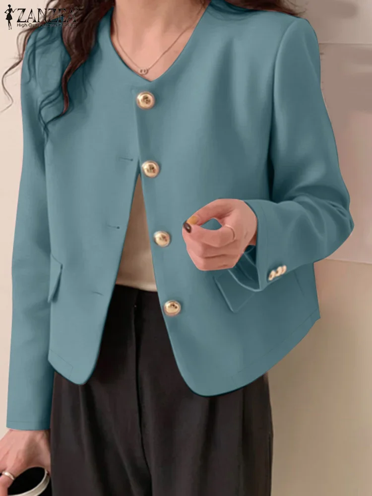 ZANZEA Commute Fashion Blazer Elegant Button Up O-Neck Long Sleeve Shirts Solid Color Women's 2025 Spring Casual Chemise Femmes