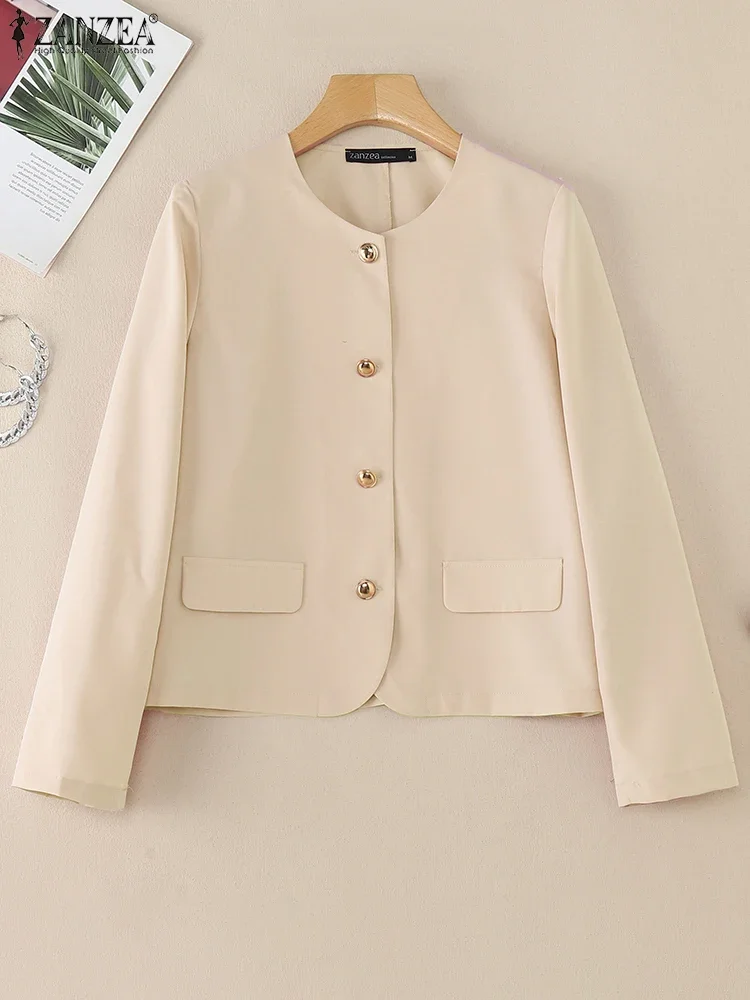 ZANZEA Commute Fashion Blazer Elegant Button Up O-Neck Long Sleeve Shirts Solid Color Women's 2025 Spring Casual Chemise Femmes