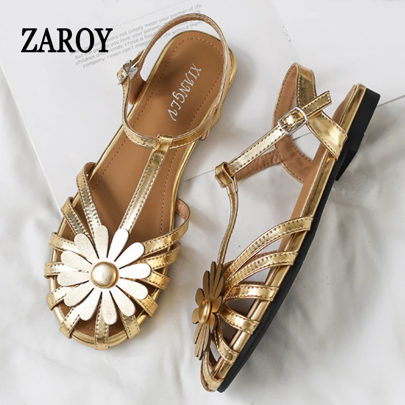 ZAROY Fashion Weave Gold Women Flat Sandals Summer Brand Design Hollow Out Narrow Strap Closed Toe Roman Gladiator Sandalias