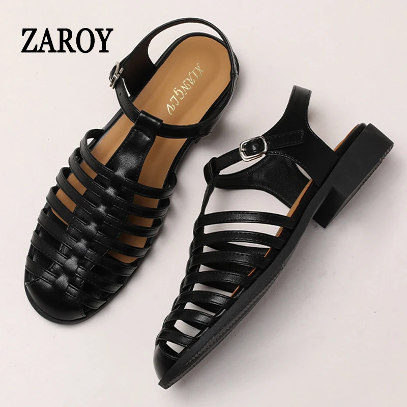 ZAROY Flat Sandals Women Summer Fashion Ankle Buckle Woven Hollow Casual Beach Shoes Gladiator Sandalias босоножки