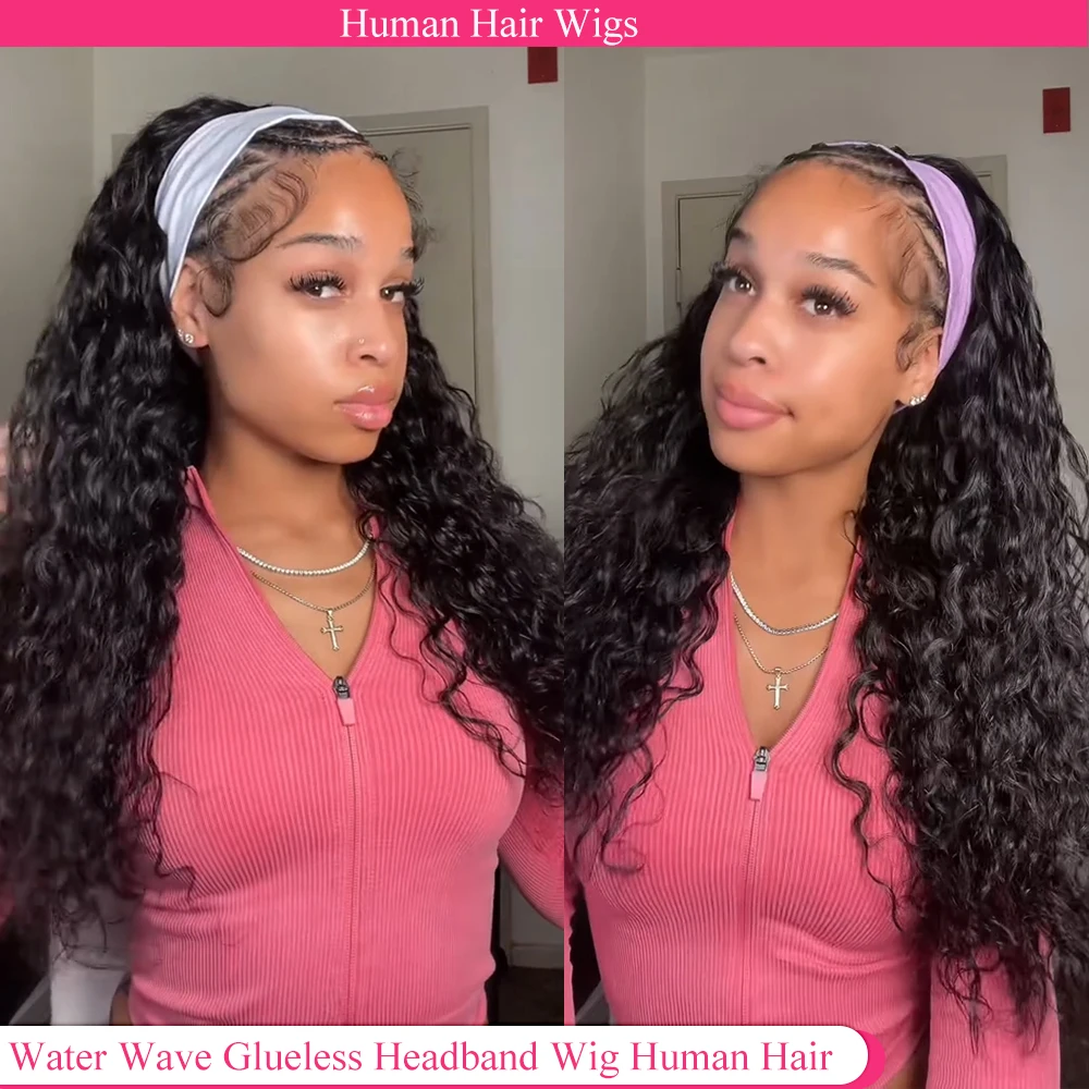 Water Wave Headband Wigs Human Hair Pull Go Glueless Wig Half Wigs Human Hair Curly Headband Wig 250 Density Human Hair Wigs