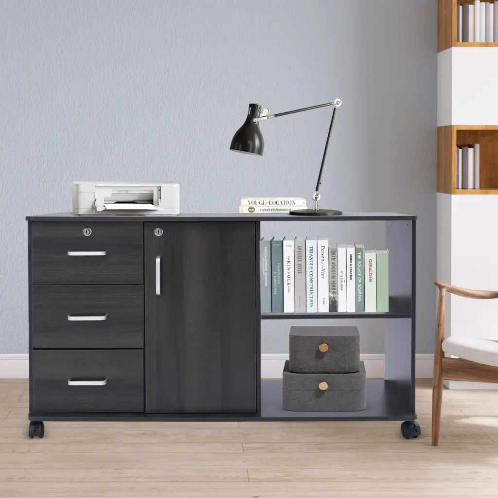 3 Drawers 1 Cabinet 2 Compartments MDF File Cabinet,Black Rectangular File Cabinets for Home Office