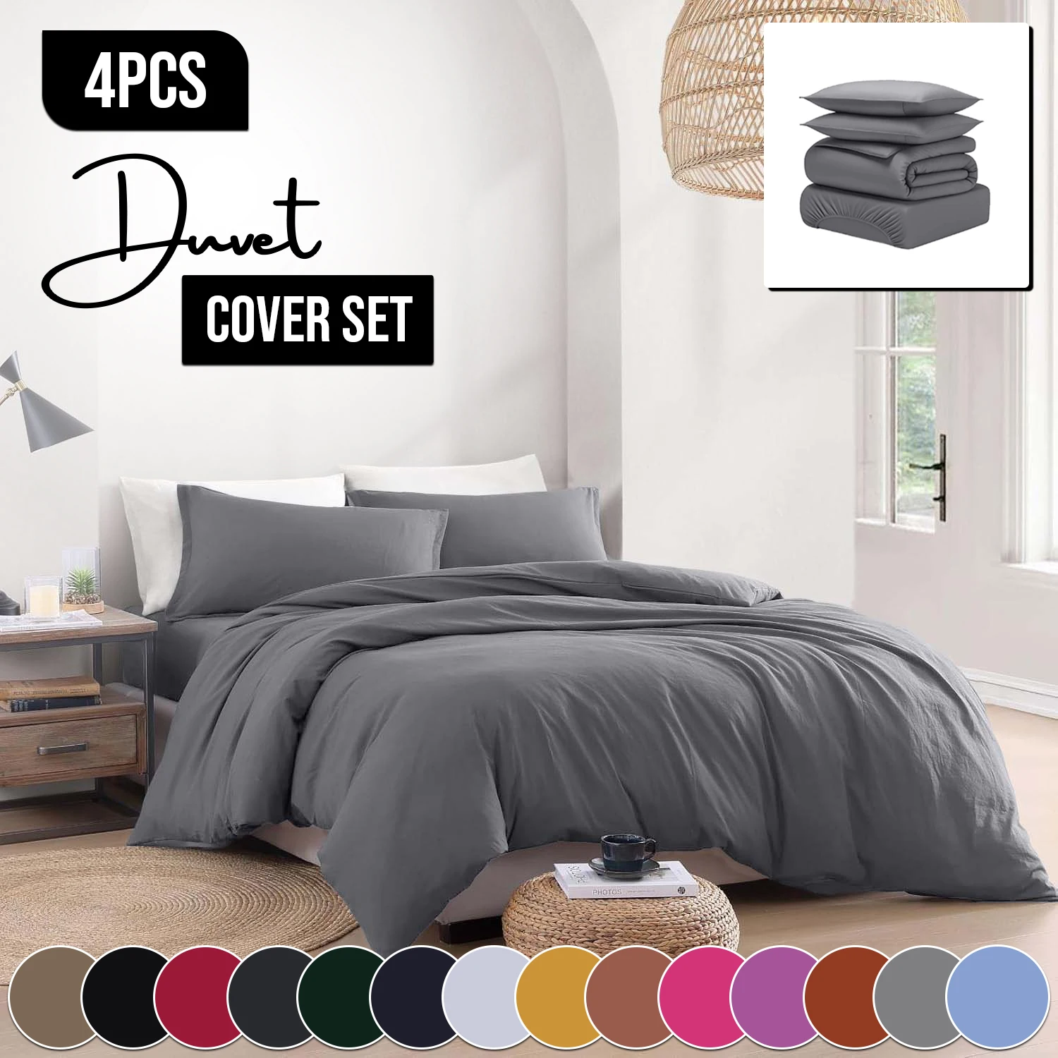 4pcs Bedding Set with Fitted Sheet - Soft Brushed Microfibre Duvet & Pillowcase Cover Set - UK Single Double King Super King