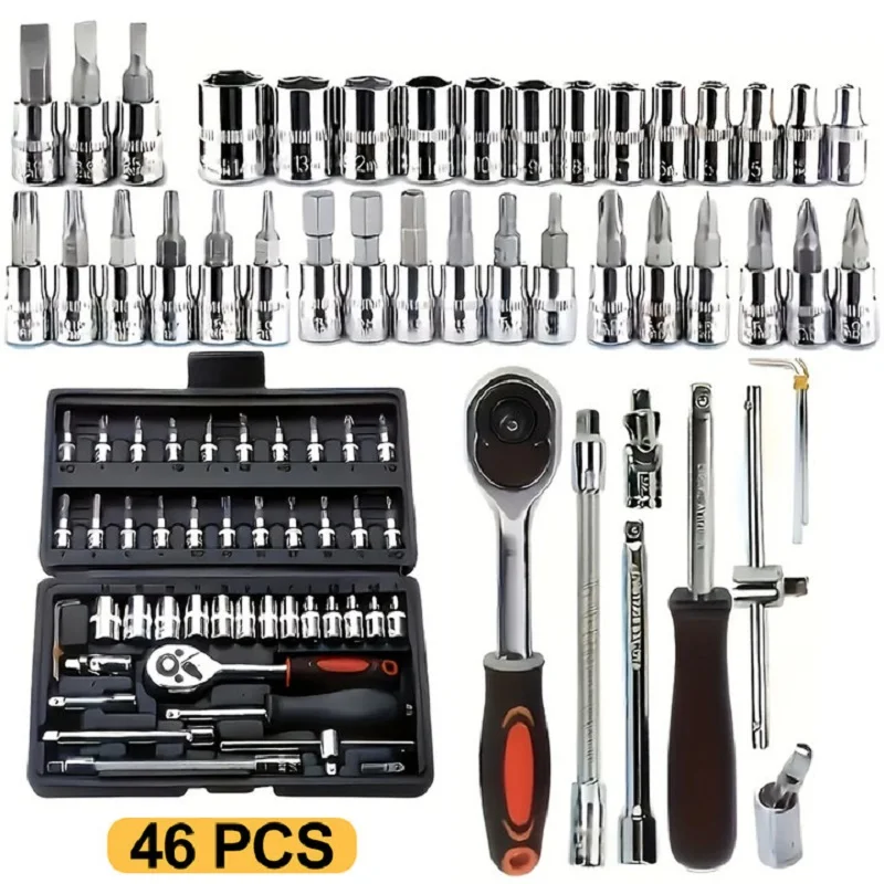 46PCS Ratchet Wrench Tool Set 1/4 Metric Socket Wrench Household Manual Repair Tools for Bike Repair