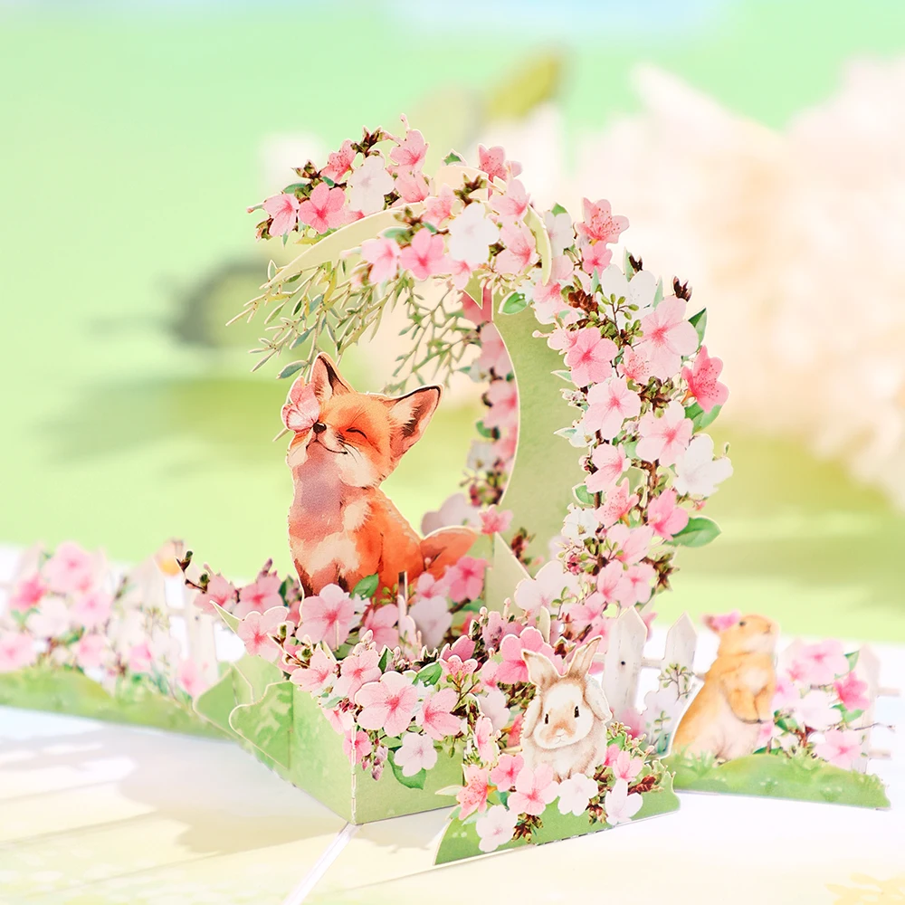 Lovely Fox Postcard Crescent Shape Summer Greeting Cards Creative Home Decor Cherry Blossom Birthday Gift for Lover Friends Kids