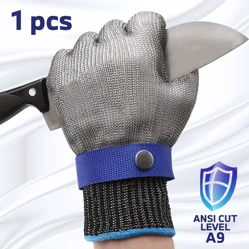 A 9-level cut-resistant stainless steel glove with nylon lining and adjustable buckles for hand protection in the kitchen