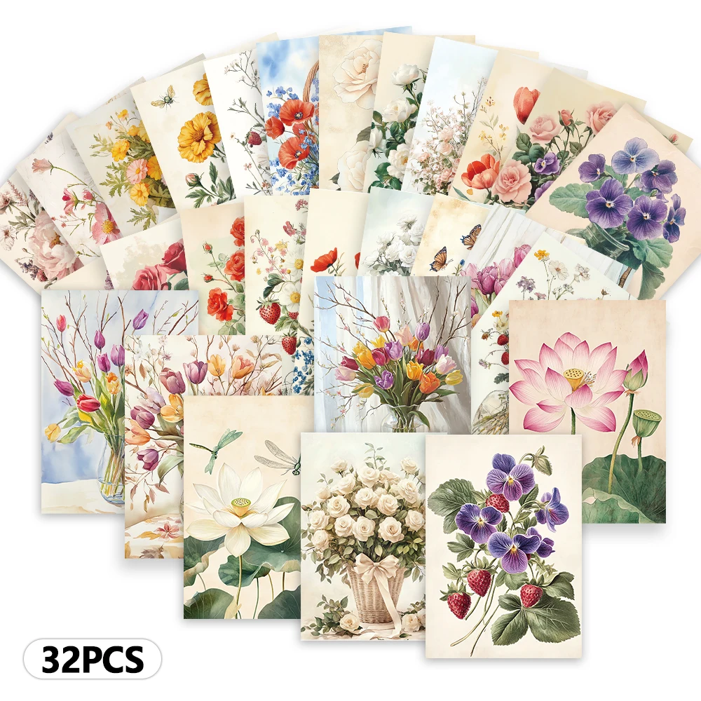 32pcs, botanical and floral postcards, room decoration stickers, brochure material, souvenirs, collectibles and mailing