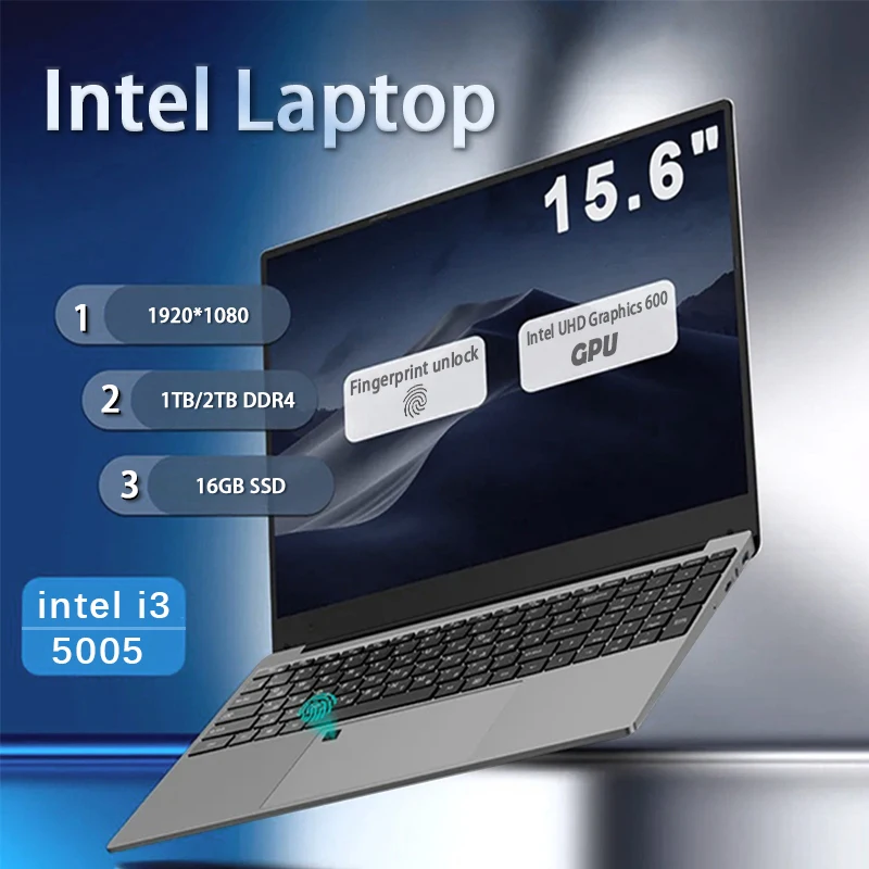 15.6" Windows 11 Laptops Intel Core i3 5005 Computer Fingerprint Unlock Notebook Laptops 1920*1080P Gaming 16GB RAM 2TB SSD PC