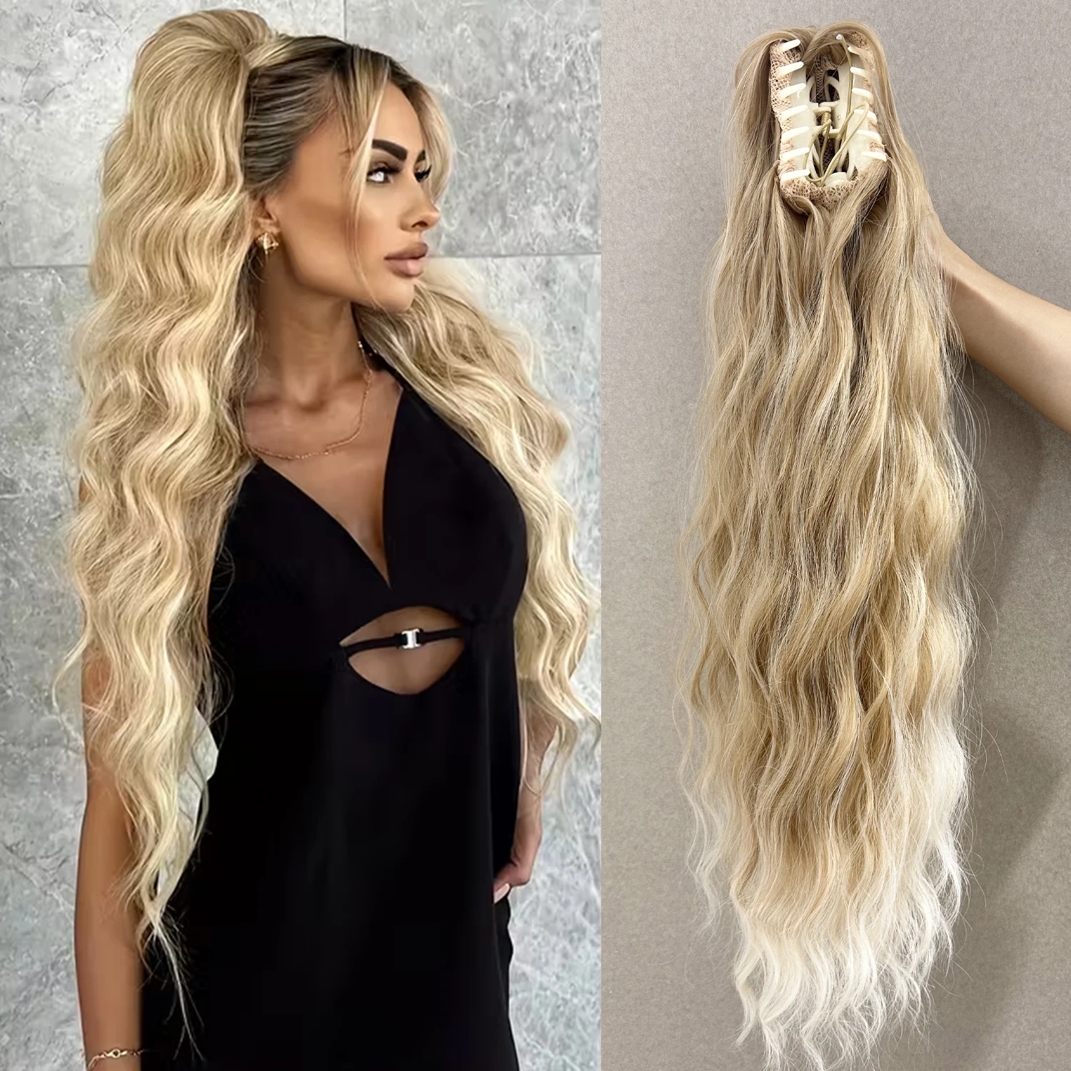 Synthetic Water Wave Claw Clip Ponytail Black Blonde Heat Resistant Fiber Fluffy Messy Ponytail Hair Extensions For Women