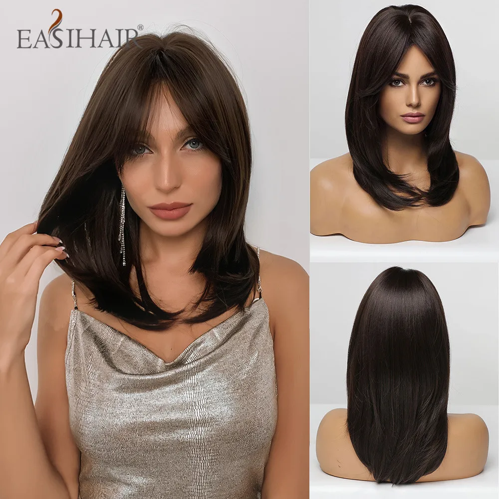 EASIHAIR Dark Brown Black Synthetic Wigs Layered Straight Natural Hairs for Women Daily Cosplay Party Heat Resistant Fiber Wigs