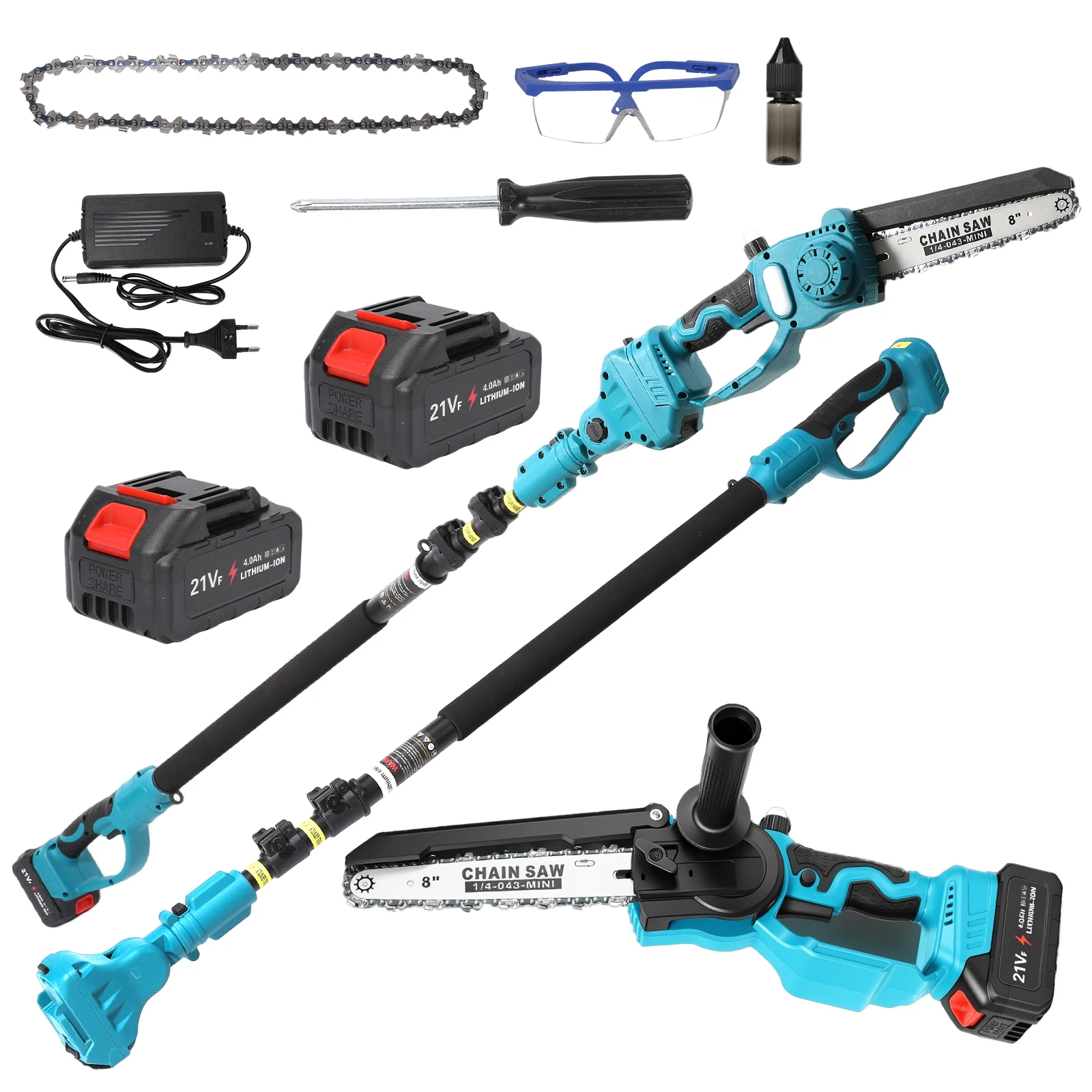2 in 1 Cordless 8 inch Pole Saw & Mini Chainsaw with 2 Battery, Power Electric Polesaw for Tree Trimming, with Extension Pole