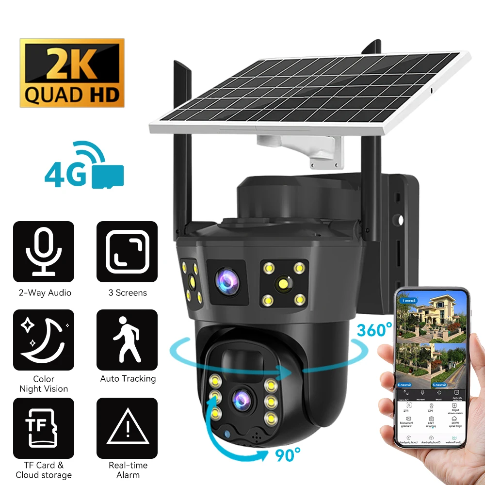 4G Solar Smart Surveillance Camera Triple Screen Night Vision Camera Waterproof IP65 360-Degree Monitoring Motion Tracking