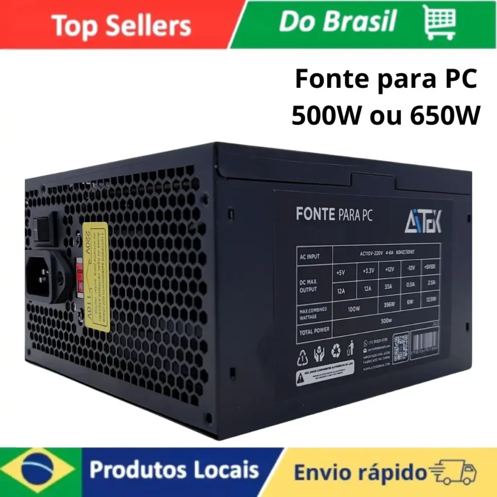 Source for PC Gamer 500W 650W Automatic Bivolt with 120mm Silent Cooler and SATA Connectors With Power Cable