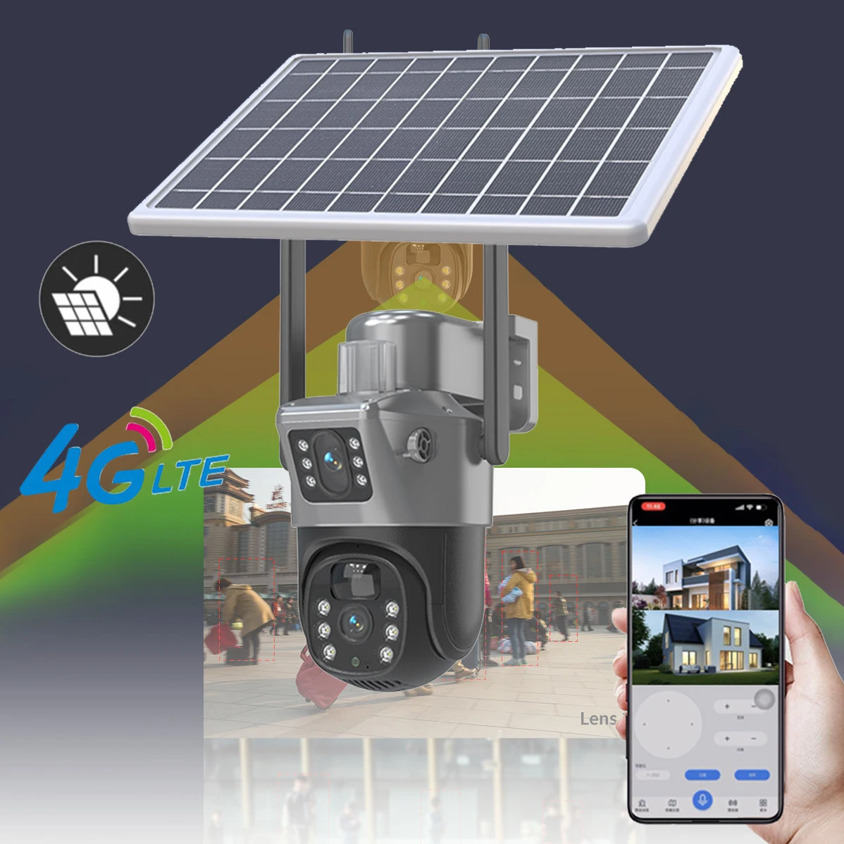 WiFi surveillance camera, high-definition hemispherical solar camera, 360 panoramic dual lens for home and commercial use