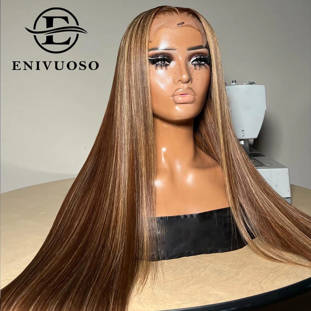 Highlight Brown Mix Blonde 13x4 HD Synthetic Lace Front Wigs Pre-Plucked Long Straight HD Lace Wigs For Women Daily Party Use